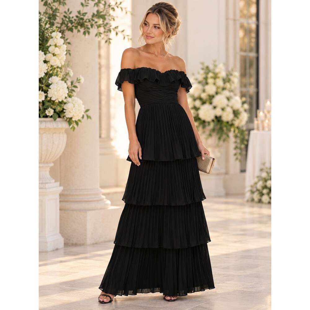 LULUS Off Shoulder Tiered Maxi Dress 2X Black Formal Party Lined NWT B10